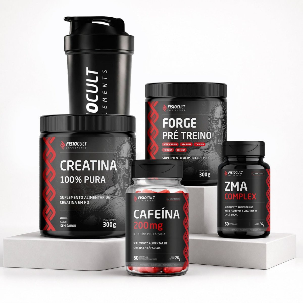 Kit: Creatina 100% Pura + Forge Pré Treino + ZMA 60 caps + Cafeína 60 caps + Coqueteleira Fisocult Suplements - Fisiocult Supplements