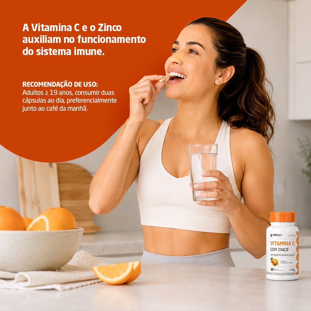 Vitamina C Ácido Ascórbico 1000mg com Zinco 7mg 60 Cápsulas Fisiocult Supplements - FisioCult Suplementos