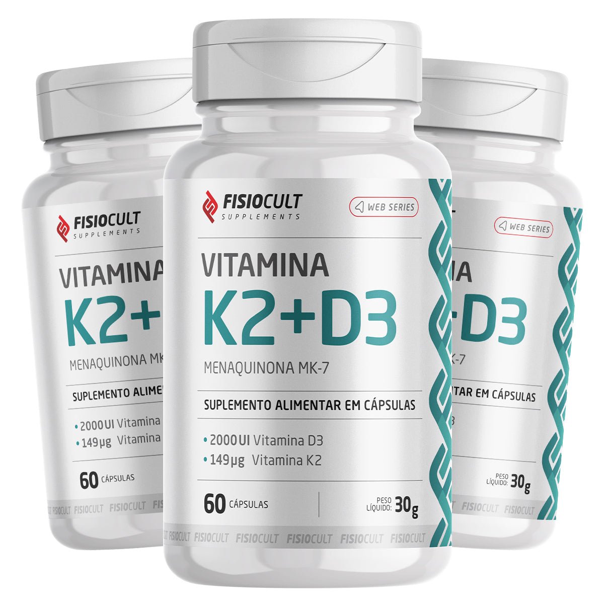 Vitamina K2 + D3 + Menaquinona MK-7 3 Potes - Fisiocult Supplements